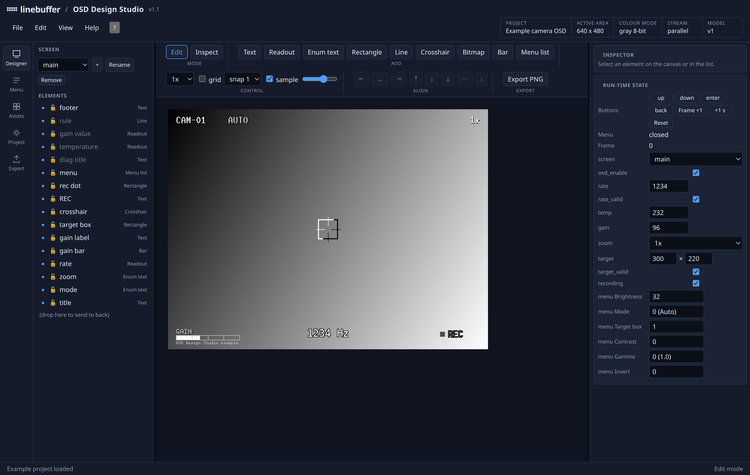 OSD Design Studio: Designer: canvas over a sample frame, element list, inspector